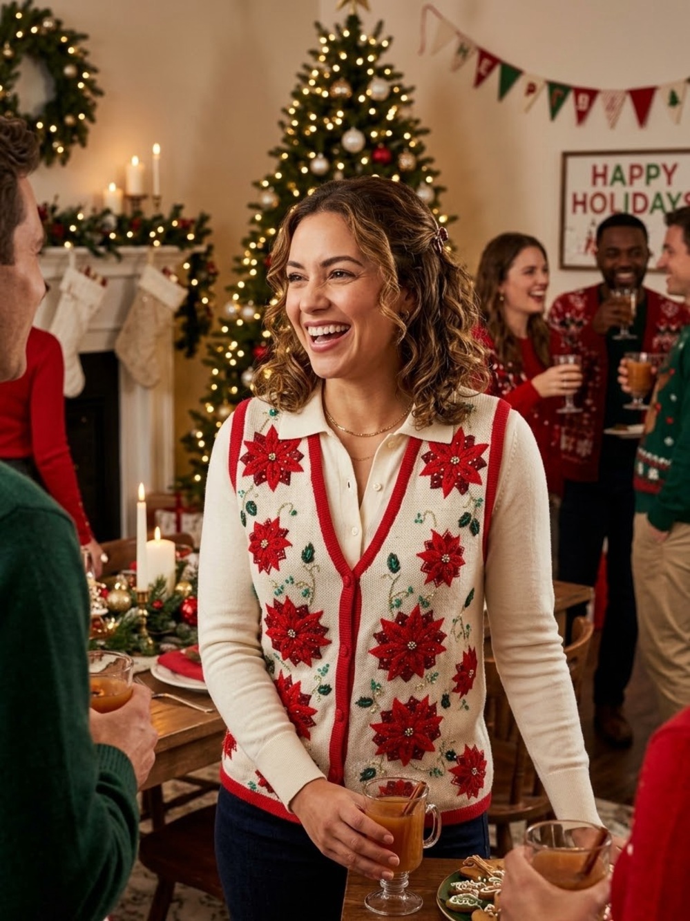 Bobbie Brooks Cream & Red Poinsettia Holiday Vest